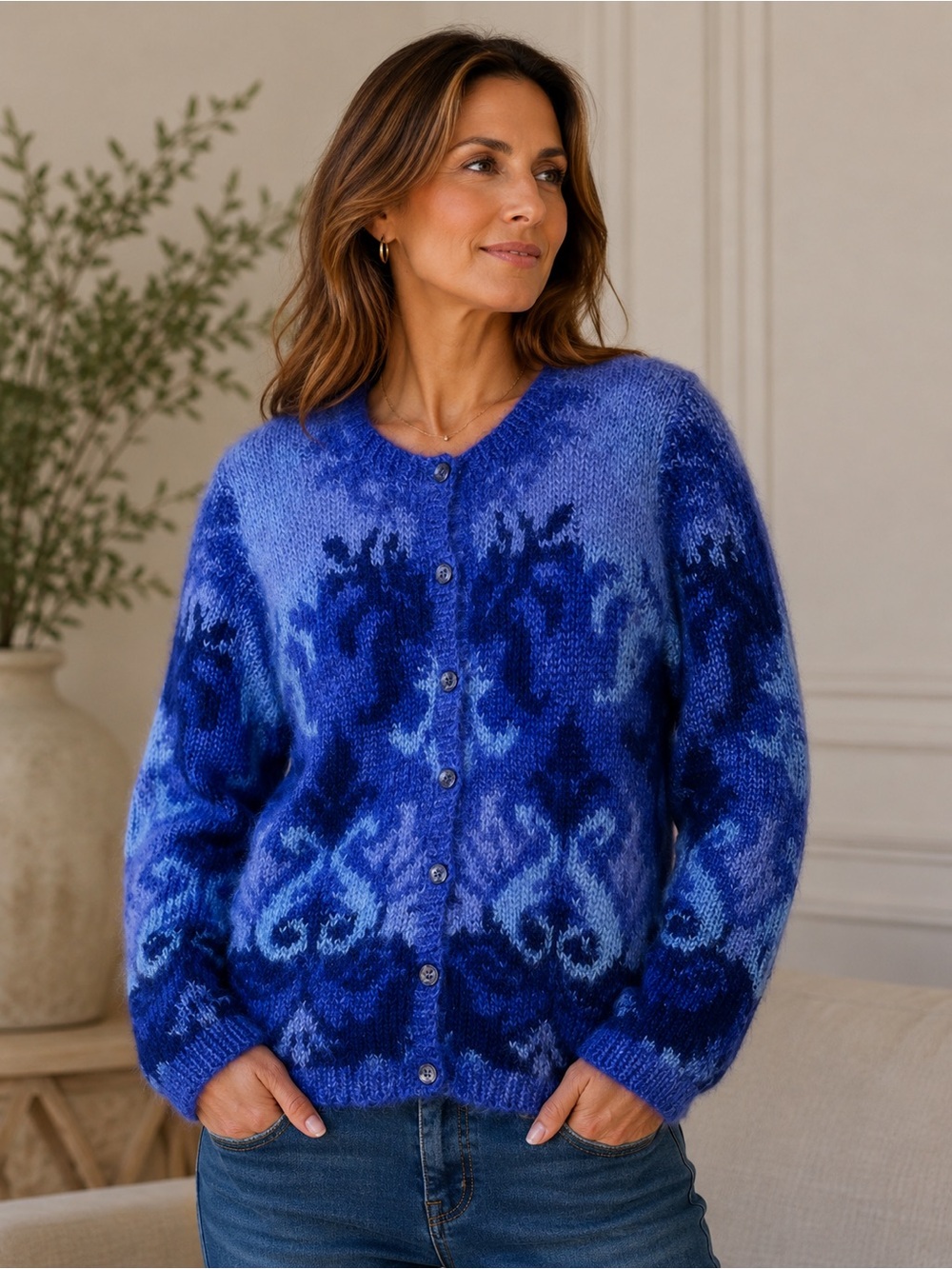 Talbots Hand Knit Fluffy Mohair Purple Cardigan Purple Indigo Damask Size S P
